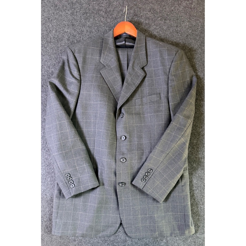 Bachrach Mens Grey Windowpane Plaid 100% Wool Suit 42T Jacket 34x32 Pants Canada